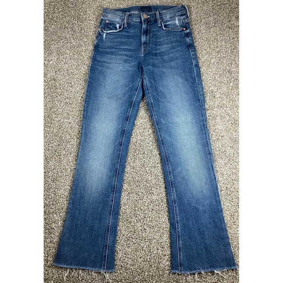MOTHER Denim - Mother The Runaway Popism Blue Flare Jeans Raw Hem High Rise Size 24 Made in USA
